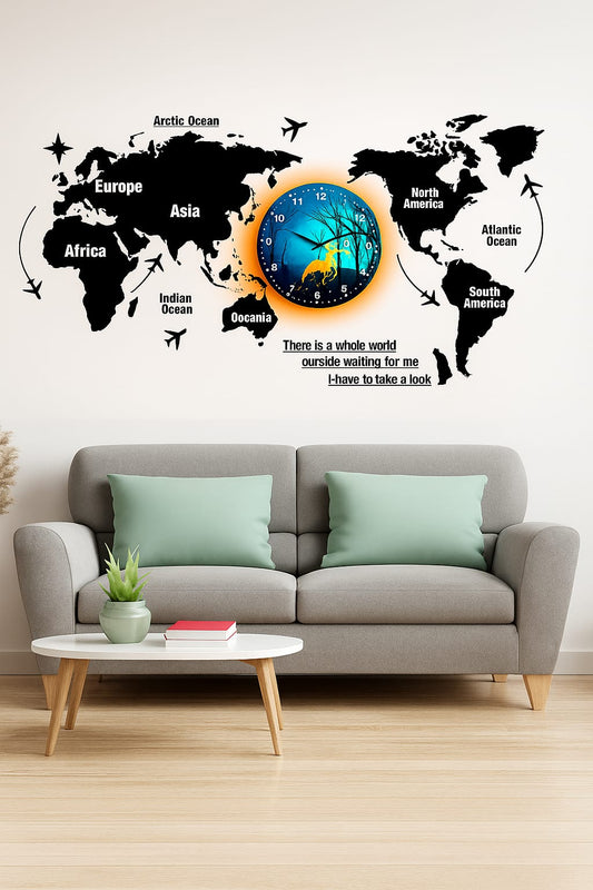"Premium 3D Wooden World Map Wall Clock with LED Light – 40-Inch Aesthetic Home Decor Timepiece"