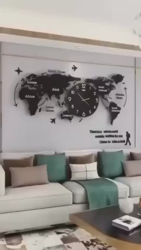 "Premium 3D Wooden World Map Wall Clock with LED Light – 40-Inch Aesthetic Home Decor Timepiece"